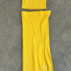 Almost Famous Strapless Ribbed Two-Piece Dress Set in Bright Yellow